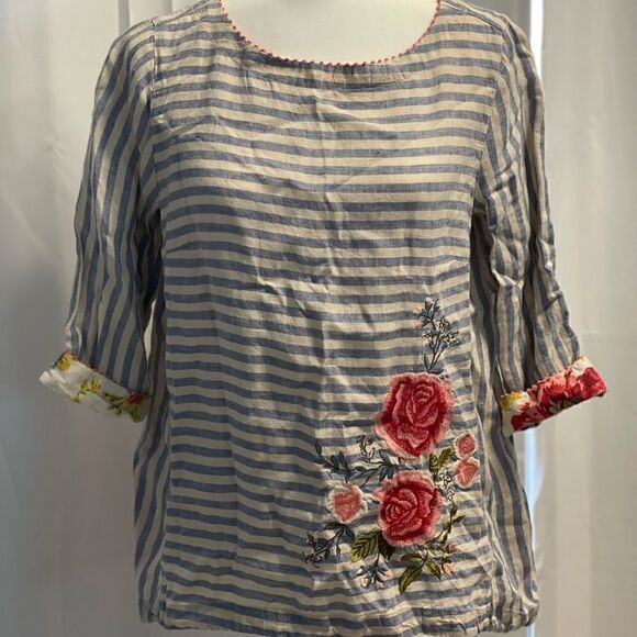 COPY - J.jill love linen 💯% striped embroidered top S petite - Picture 5 of 8